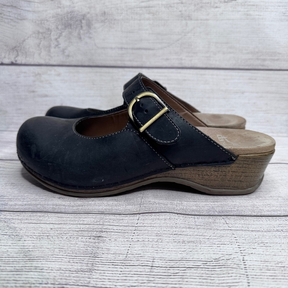 Dansko Sam Black Leather Mary Jane Clog Mules Buckle Wedge Size 39